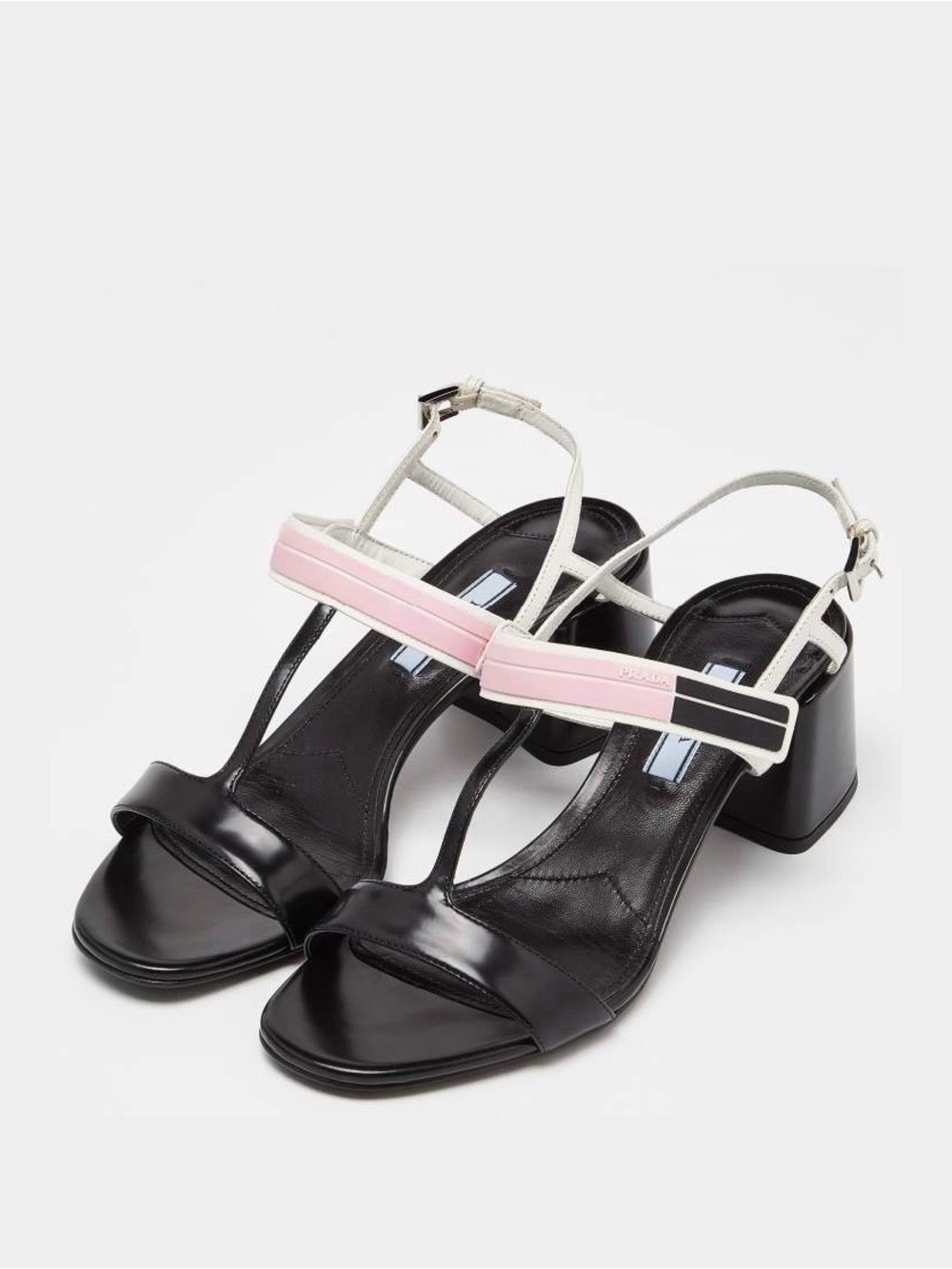 PRADA T-Strap Slingback Block Heel Sandals in White Black EU 38 US 8